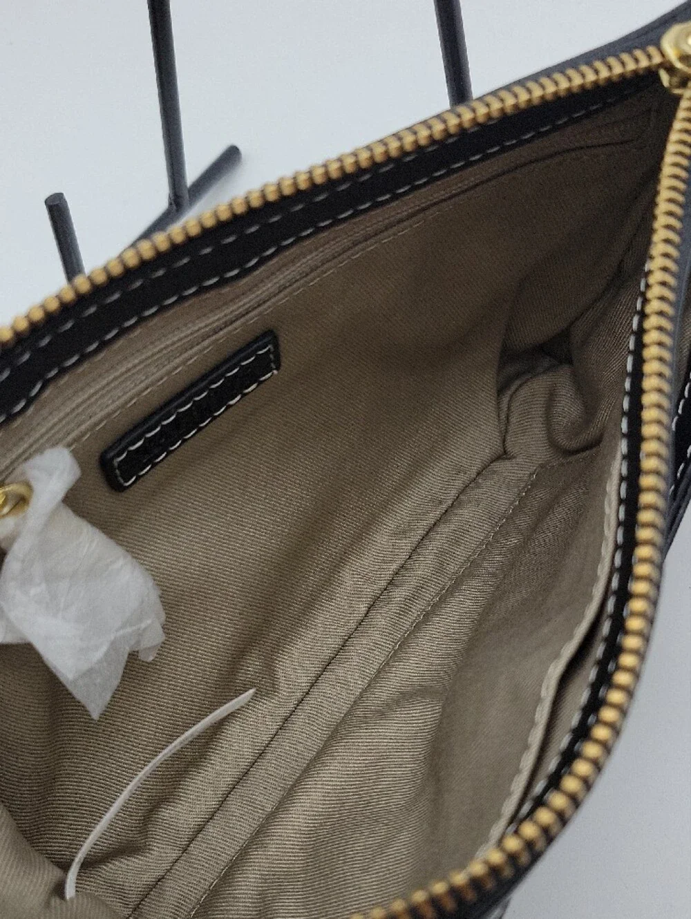 Talbots Black Leather Wristlet Clutch with White Stitching and Gold Hardware